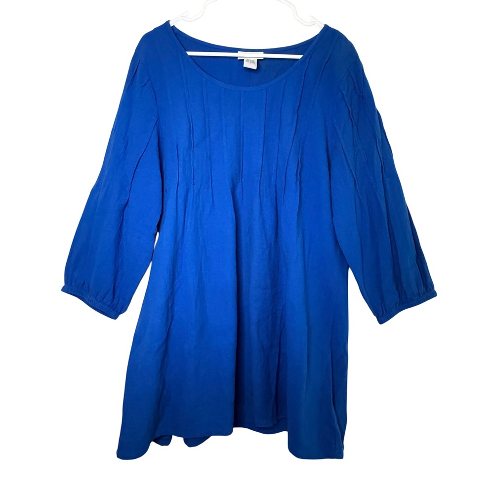 Soft Surroundings Tunic Womens L Blue Cotton Pintuck 3/4 Sleeve Boho 24014